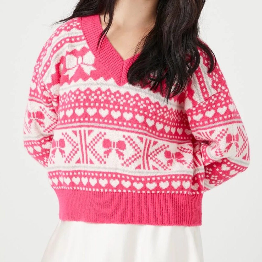 Pink and White Bow V-Neck Sweater
